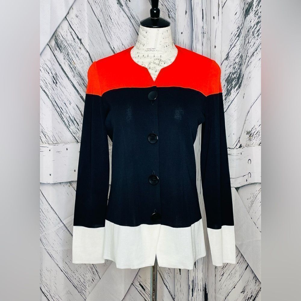 Exclusively Misook Jacket Cardigan Sweater Color Block Red Black White XS